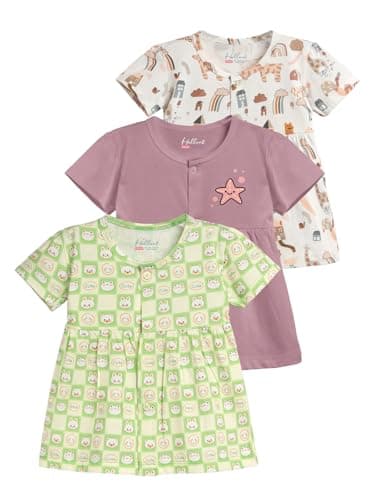 HELLCAT 100% Cotton Baby Frock Dress for Girls - Pack of 3, Soft & Trendy, Short Sleeve (0-18M)_Green/Brown/Brown_12-18 Months