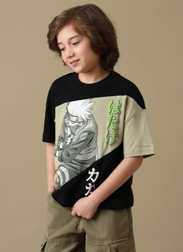 Kidsville Official Naruto Graphic Printed Oversized Fit Cotton Tshirt for Boys ASH Grey/Black 3