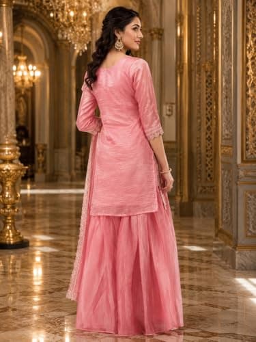 Anveri Textiles Women's Pink Embroidered Kurta Sharara Set with Dupatta | Ethnic Traditional Suit | Elegant Lace Work & Festive Outfit 3