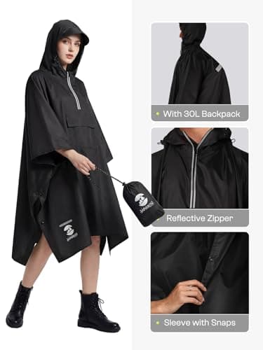 SaphiRose Hooded Rain Poncho Waterproof Raincoat Jacket for Men Women Adults, Black02 (With Reflective Stripes), One Size 3