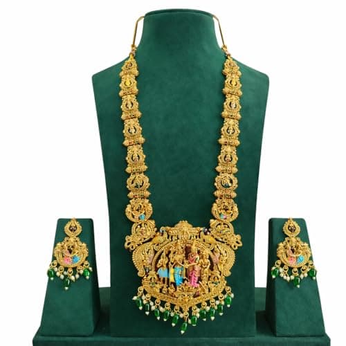 Visaga Aura Premium Sita Ramam Temple Jewellery Long Haram Set for Women | Antique Gold Plated Bridal Necklace with Rama Sita Lakshmi Motifs & Pearl Danglers | Traditional South Indian Wedding Jewelle 3