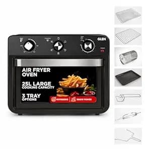 Glen Large Air Fryer Oven 25L 1800W, with Rotisserie, 6 Functions, Time & Temp Control, 3 Trays & 4 Accessories | All in One Airfryer Oven: Grill, Bake, Fry & Roast, 2-Year Warranty - Black SA3050AFO