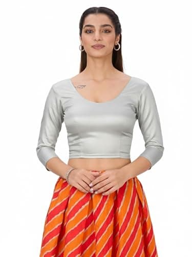 Plus Size Round Neck Stretchable Shimmer Blouse | Women Silver Blouse 3/4th Sleeve