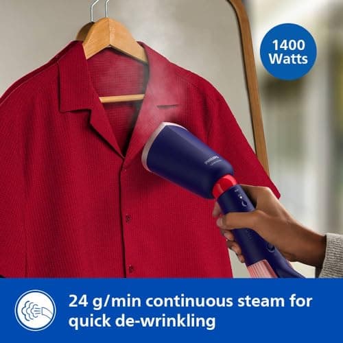 PHILIPS STH 5030/20 Handheld Garment Steamer, Two Water Tanks Glove Pouch & Mat Included, Hand Baggage Friendly Design, Adjustable Head for Horizontal & Vertical Steaming- No Burns Guaranteed,1400Watt 5