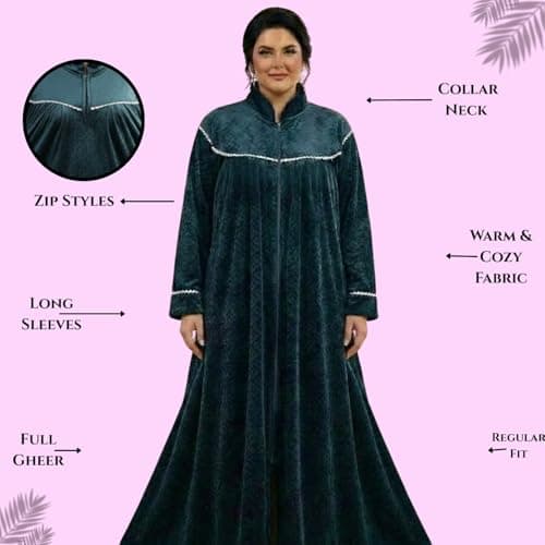 Stretchable Velvet Winter Maxi Nighty for Women – Ultra-Soft Warm Full Sleeve Long Nightwear Gown | High Neck Zip Style Nightdress | Winter Wear | Plus Size Nighty (6XL) Teal Blue 3