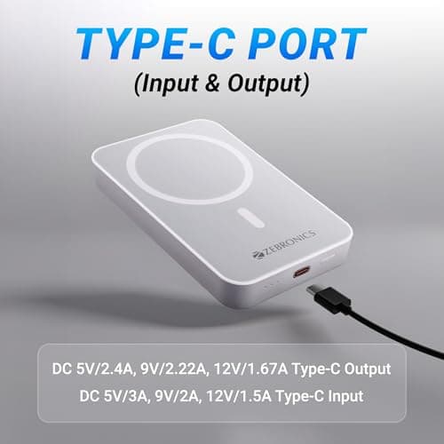 ZEBRONICS MW63 Wireless Power Bank, 10000 mAh, Rapid Charge, Magsafe, Outputs - 20W Wired | 15W Wireless, Type C PD, Built in Protections, LED Indicator, Compatible with iPhone, Made in India 6