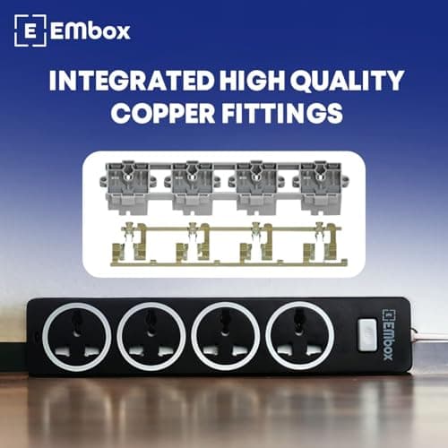 EMBOX 10A Extension Board with Master Switch-Extension Cord with 4 Universal Sockets-Spike Guard with Safety Shutter and LED Indicator-1500W (Black-5 Meter Cable) 5