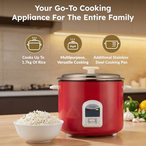 Prestige Delight Cute 2.8 SS Bowl Electric Rice Cooker(2.8L for Rice-Open Type, Silky Red, with Stainless Steel Cooking Pan 7.1L Volume,1000 W) 3