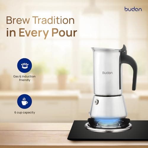 Budan Induction Moka Pot 6 Cup Stainless Steel Espresso Maker | Stovetop & Induction Compatible | Durable Steel Body | Brews 4-6 Cups | Espresso, Americano & More (180ml) 2