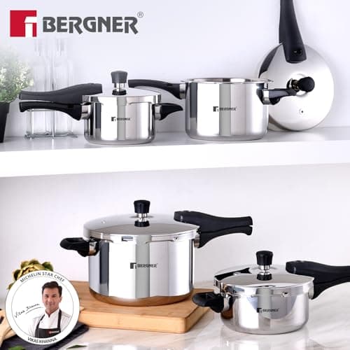 Bergner Argent Elements Triply Stainless Steel 2.5 L Outer Lid Pressure Cooker, Healthy Cooking, Even Heat Distribution, Sturdy Handle, Easy Lock System, Safety Gasket - Induction and Gas Stove Ready 2