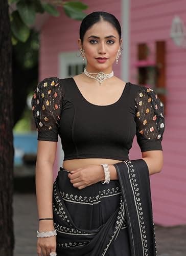 Amazon Brand - Anarva Round Neck Lycra Stretchable Puffed Elbow Sleeve Readymade Saree Blouse for Women Stylish (roli-Black-Blouse-l) 2