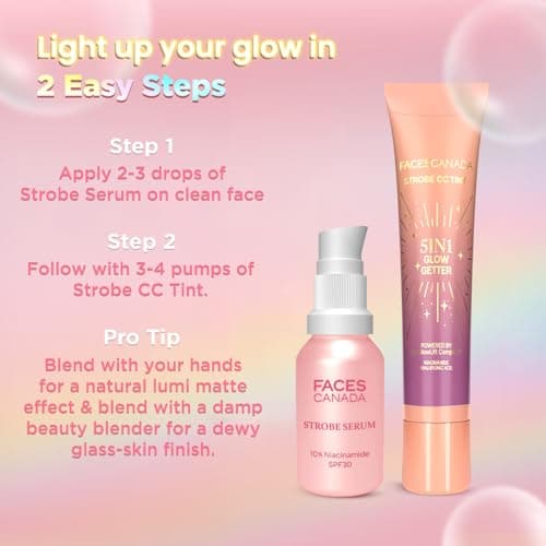 FACESCANADA Strobe Skincare Combo for Instant Glow | Strobe Serum, 15ml + CC Tint - Sunset Glaze, 18ml | SPF 30 | Dewy Highlighter Like Glow | For Light To Medium Skin | Pack of 2 3