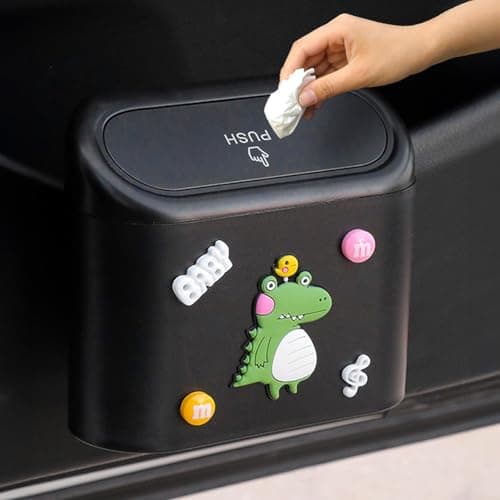 wolpin PP Car Trash Bin Can Holder (15.5 x 14 CM, Black) | Hanging Dustbin for Car Interior | Press Top Waste Bin with Cute Stickers | Compact Garbage Container for Cars Office Desk Home Use