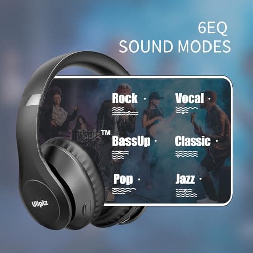 Uliptz Wireless Bluetooth Headphones, 65H Playtime, 6 EQ Sound Modes, HiFi Stereo Over Ear Headphones with Microphone, Foldable Lightweight Bluetooth 6.0 Headset for Travel/Office/Cellphone/PC 2
