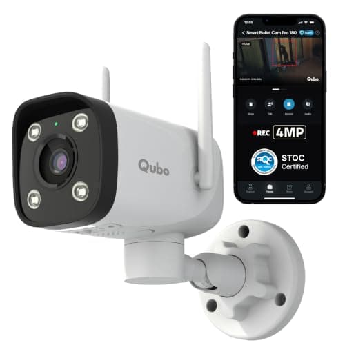 Qubo Smart Bullet Cam Pro 180° by Hero Group | STQC Certified | AI Person Detection | Automatic Alarm & Spotlight | Night Vision | IP66 Rating | Records Directly on Cloud | No SD Card Required