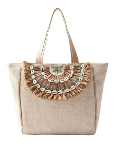 PRIMROSE Boho Beach Tote Bag, Canvas with Shell Embellishments, Fringe Detail, Natural Beige