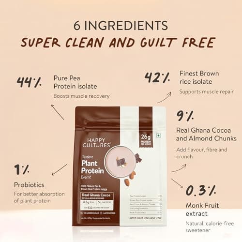 Happy Cultures 26g Tastiest Plant Protein| Chocolate, Almond Chunks & Ashwagandha (KSM 66)| Pea & Brown Rice Protein Isolate| No Added Sugar| Vegan| 20 Complete Amino Acids| Monk Fruit Extract| Women  4