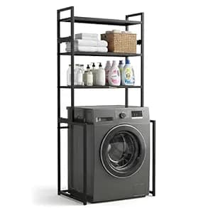 Heavy Duty Washing Machine Stand with Storage Shelves | Multi-Purpose Front Load Machine Rack for Bathroom & Laundry Room | Metal Over Washer Organizer Shelf for Home & Kitchen (Black)