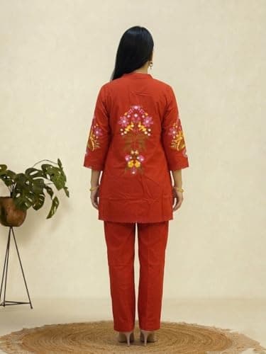 Aryans Design Den ADD Women’s Front Solid Back Side Print Pure Cotton Co-Ord Set | Stylish Embroidered Button-Down Kurta with Straight Pants | Soft Breathable Ethnic Co-Ord Set (Orange, M) 2