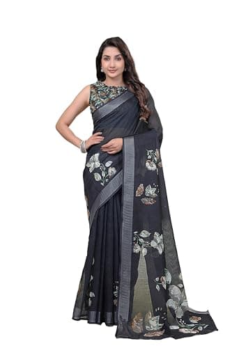 Women's Navy Blue Floral Saree with Blouse, Traditional Indian Ethnic Wear