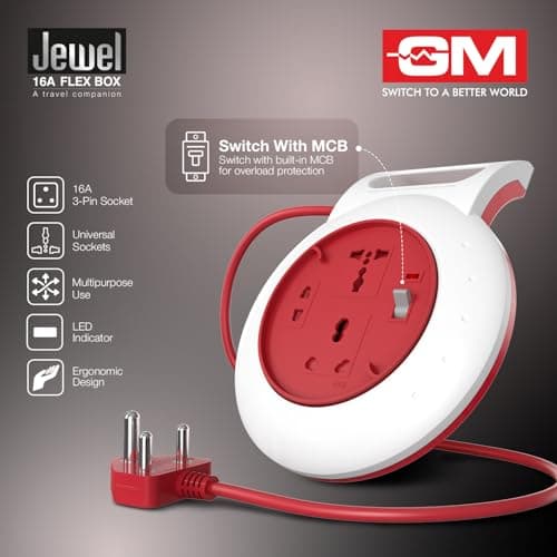GM 3208 Jewel 16A Extension Board with Circuit Breaker MCB | 3-Pin Flex Box | 4 Meter Power Cord | Safe & Reliable for High-Power Appliances. 3