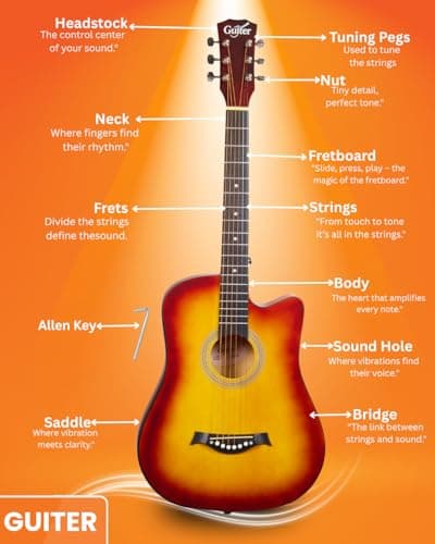 Guiter OTG 38-inch Acoustic Guitar Kit for beginners, Right Handed, Linden Wood Body with Rosewood Fretboard, Steel Strings, With Truss Rod, And Accessories SunBrust Color 4
