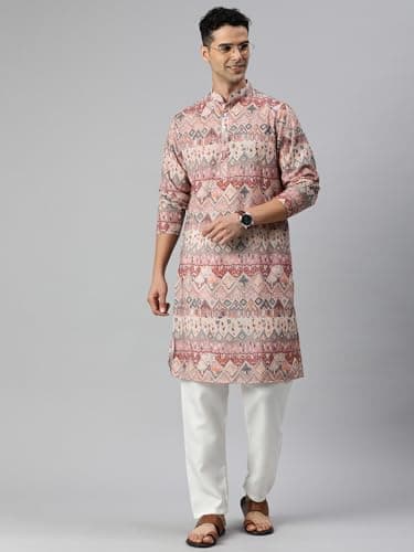 Majestic Man Cotton Blend Ethnic Motifs Abstract Printed Kurta for Men (Mauve, Small) 2