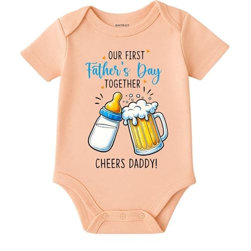 KNITROOT Baby Bodysuit for Newborn | 0-12 Months Soft Cotton Envelope Neck Baby Romper | Our First Father Day Together Cheers Daddy! Printed Onesie | 6-9 Months Peach