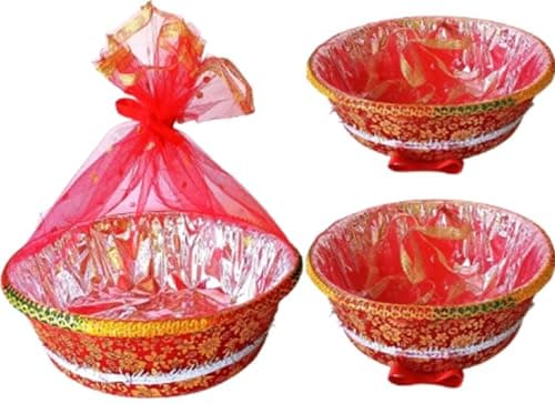 LIELA Decorative Gift Basket, 14" round Set of 6, for Diwali, Rakhi, Wedding, Navratri and any Occasions, pack variety of items waffers, chips, namkeen, juices, fruits, sweet etc. Premium Gift Hamper. 3