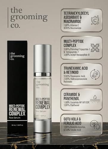 The Grooming Co. Multi-Peptide Renewal Complex Face Serum | Anti-Aging & Brightening | 7% THD Ascorbate (Vit C), 6% Peptides, 2% Granactive Retinoid, 4% Niacinamide & 3% Tranexamic Acid | 30 ml 3
