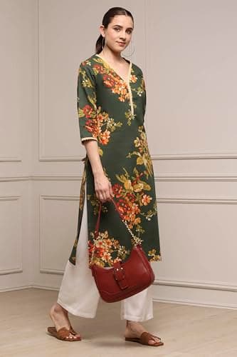 Biba Women Olive Green Cotton Straight Printed Kurta_38 2