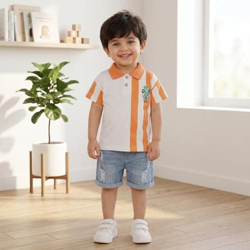 Krishn Creations Kids Clothes for Boys | Printed Cotton Half Sleeve Tshirt and Denim Shorts | Baby Boy Dress (Orange, 2-3 year) 4