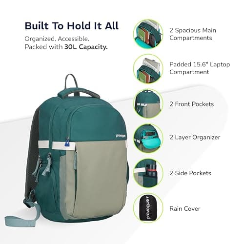 Provogue Urban Laptop Backpack 30L with 3 large compartments and Rain Cover | Backpack Bag for Man, Laptop Bag 15.6 Inch, Travel & Office Backpack for Men and Women with Laptop Compartment | Green 3