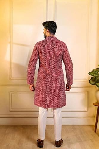 LookMark Men’s Printed Silk Blend Kurta with Mandarin Collar, Full Sleeves, Straight Fit Traditional Ethnic Wear-(AZ-LM-OG1-KURTA 33 Maroon-M) 4