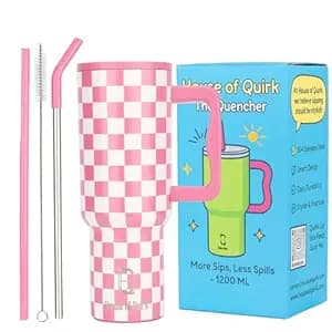 House of Quirk 1200ML Stainless Steel Tumbler with Handle & Lid, 2 Straws – Large Travel Mug Water Cup for Gym, Office & Outdoor Use (Pink Check)