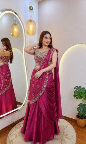 CLASSY FASHION HUB Women's And GirlsCrep silk, with sequin embroidery and tassels at the front Fully Stiched Dhoti Choli Crep Silk Shrug Sequins Tassels With Dupatta indo western Pink 4