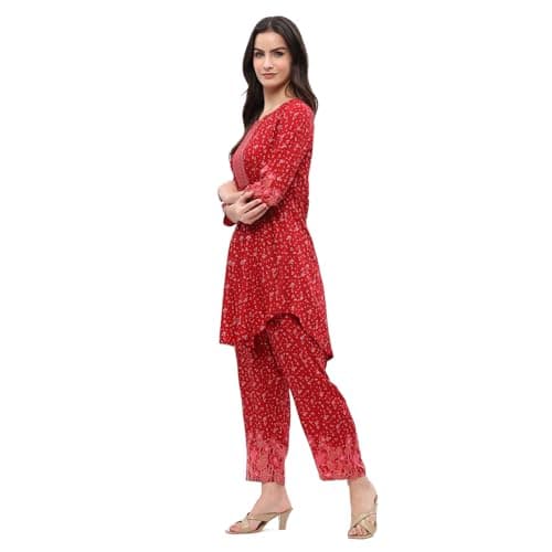 Rangriti Women's Red Viscose Blend Printed Festive Co-ord Set_32 4