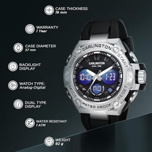 Carlington Resin Analog-Digital Sports Watch Chronograph,Dual Time,Alarm,Stopwatch,Water-Resistant,Shock-Resistant,Back Light Display- The Perfect Watch for Men&Boys-CT9107 Series One (Black) 4