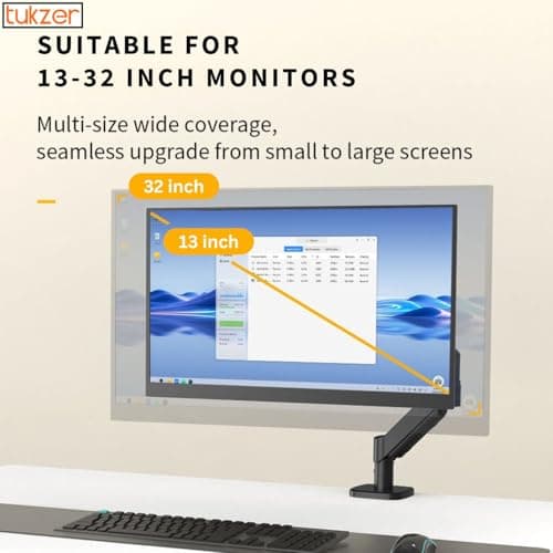 Tukzer Single Gas Spring Monitor Arm, Computer Screen Monitors Stand/Desk Mount (13"–32") with C-Clamp & Grommet Mounting Base,Full Motion Tilt/Swivel/Rotation/Aluminium Build,VESA 75x75 & 100x100 mm 5