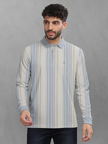 BULLMER Striped Textured Printed Polo Neck Fullsleeve T-Shirt with Rib for Men_Blue_Small 2