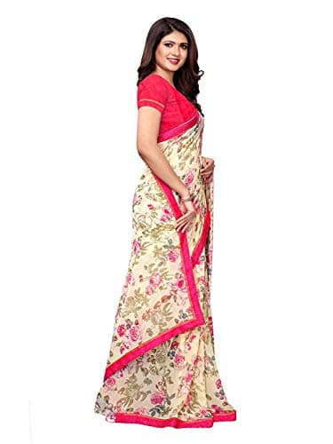 RAJESHWAR FASHION WITH RF Women's Printed Georgette Saree For Women With Lace Border & Blouse Piece(A32 BEIGE_Beige) 3