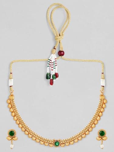 Rubans Womens 22K Gold-Plated Dark Emerald Green Stone & Pearl Beaded Traditional Necklace Set 4