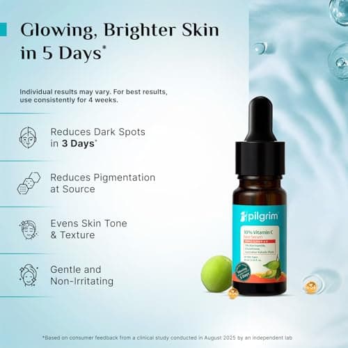 Pilgrim 10% Vitamin C Face Serum 10 ml for Glowing Skin with Niacinamide | Reduces Dark Spots & Evens Skin Tone | For Oily, Combination, Normal Skin Types | Skin Brightening Serum for Men & Women 4