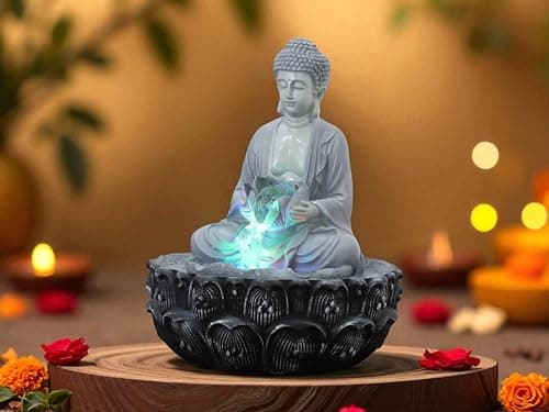 KridayKraft Meditating Buddha Water Fountain Idol Polyresin Lotus Water Fountain Showpiece for Home Garden Living Room Decor Decoration Gift Items, 24 CM 3