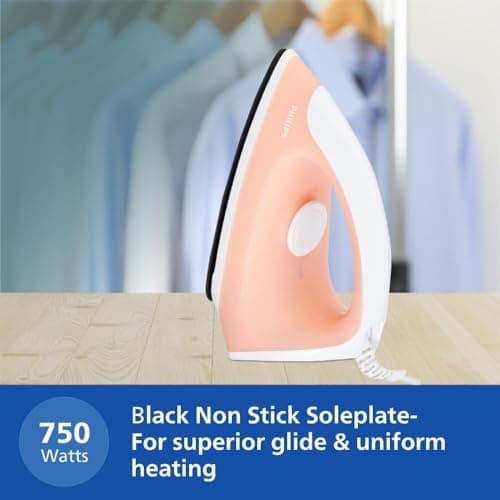 Philips GC097/50 750-Watt Dry Iron (World no. 1 Ironing Brand), Light & Easy to Use, Powerful 750 Watt Heat up with a comforable wide grip, Black Non Stick Soleplate (Peach) 3