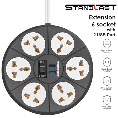 STANDLAST 6-Socket Extension Board with 2 USB (2.4A) | 10 Meter Surge Protector & 10A Spike Guard | Heavy Duty Extension Cord | Universal Socket Power Strip for Home,Office,TV, PC & Appliances - Grey 2
