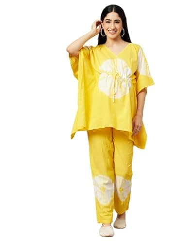 Aaheli Women’s Yellow Tie-Dye Maternity Kaftan Feeding Night Suit Set | 100% Cotton | V-Neck Top with Front Zip for Nursing | Adjustable Waist | Soft & Breathable Loungewear Set with Pant | Yellow