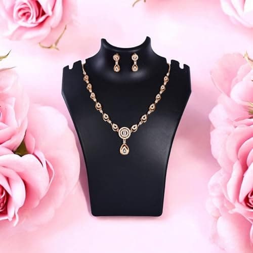Nilu's Collection Stylish 18k Rose Gold Plated American Diamond Chain Pendent Necklace & Earrings Set for Women | Luxury AD Pendant Gift Set for Women (Premium Set 1) (Rose Gold) 3