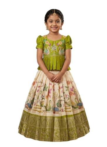 White Button New Latest Girls' Traditional South Indian Pattu Pavadai Set | jacquard Lehenga Choli with Embroidery & Pen Kalamkari Print