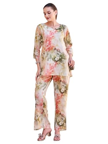 TITTLI Rayon Fabric All Over Printed Round Neck Tunic & Trouser Co-Ord Set for Women | Three-Quarter Sleeves & Elastic Waist Bottom | Casual Wear | L, XL, XXL, 3XL | Co-Ord Set Yellow
